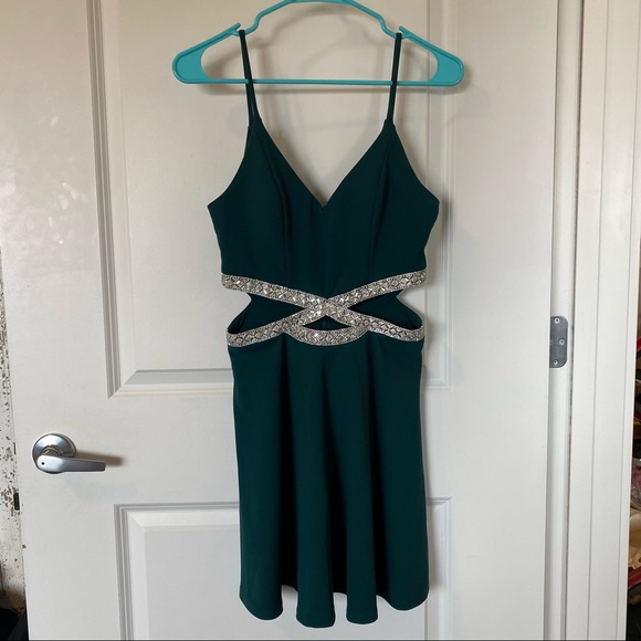 Forest Green Formal Cocktail Mini Dress with Beading and Side Cutouts - Picture 1 of 8